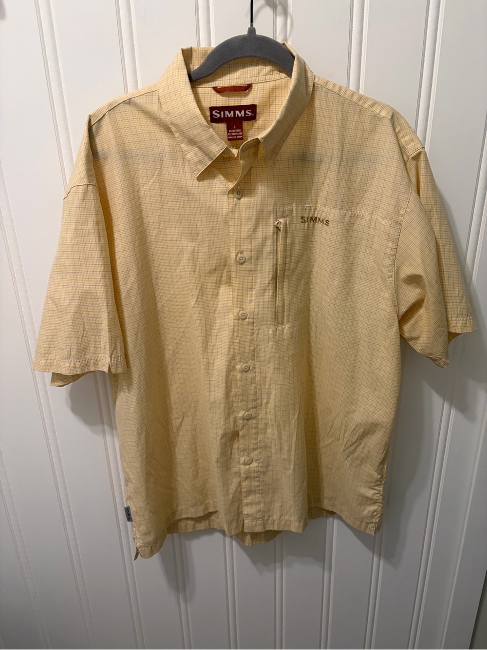 Simms Performance Fly Fishing Shirt Men's Large Yellow Plaid Short Sleeve